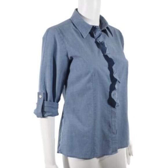 Talbots Womens Shirt Size 6 Petite Button Up Ruffled Front Roll Tab Fitted - Picture 2 of 10